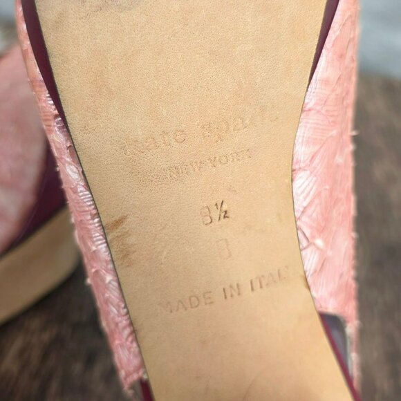 Kate Spade New York Slingback Peep Toe Heels 8.5 B Pink Red Leather Fur Scaled - Picture 2 of 16